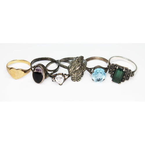 350 - A hallmarked 9ct gold ring weight 2.36g and five silver rings comprising one Art Deco style set with... 