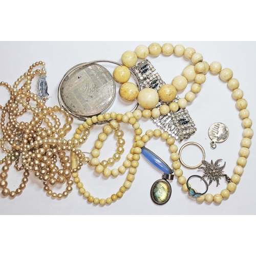 351 - A mixed lot including a hallmarked silver compact, costume jewellery, bone beads, a labradorite pend... 