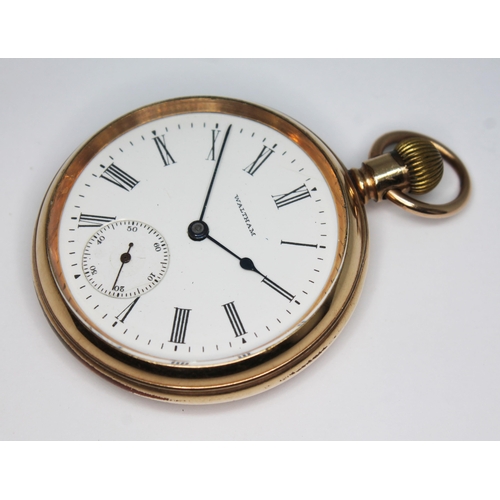 361 - A gold plated Waltham Traveller open face pocket wtach.