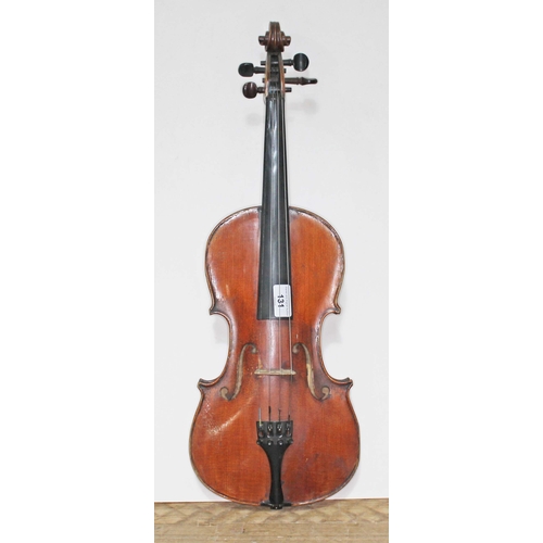 131 - A Strad copy violin, two piece back length 361mm, bearing label, with hard case and bow.