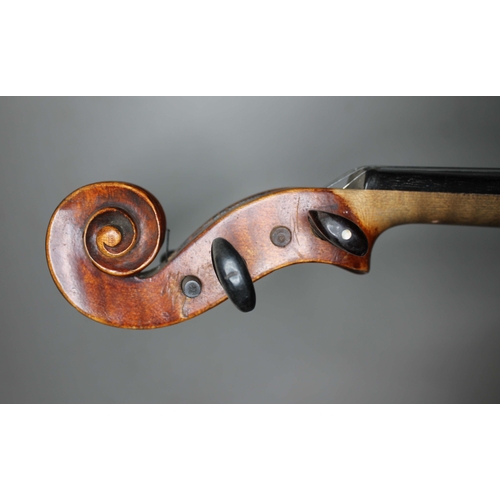 131 - A Strad copy violin, two piece back length 361mm, bearing label, with hard case and bow.