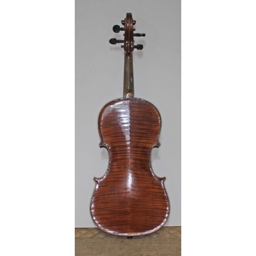 131 - A Strad copy violin, two piece back length 361mm, bearing label, with hard case and bow.