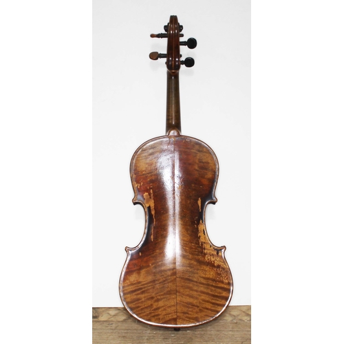 132 - An antique violin, two piece back length 357mm, labeled 