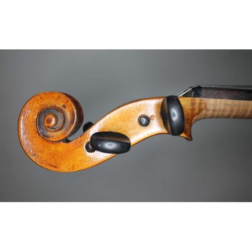 133 - An antique violin, two piece back length 360mm, bearing label on the inside with date 1784, with har... 