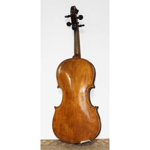 133 - An antique violin, two piece back length 360mm, bearing label on the inside with date 1784, with har... 