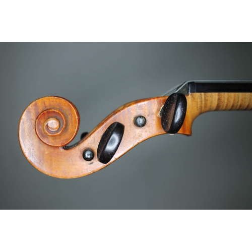 134 - An antique violin, two piece back, with two bows and hard case.