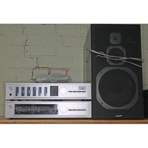 172 - A Toshiba stereo amplifier, model SB-M2, a Toshiba stereo tuner, model ST-U2L together with a pair o... 