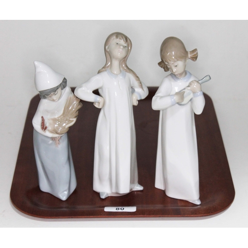 80 - Three Lladro figures Shepherdess with Rooster 4677; Girl with Hands Akimbo 4872; Girl with Guitar 48... 