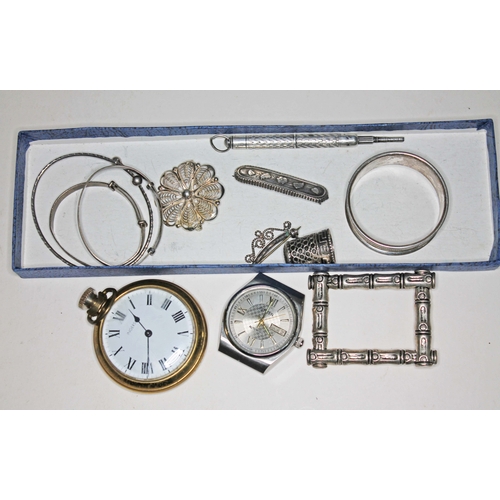 347 - A collection of hallmarked silver and white metal items including napkin ring, propelling pencil, br... 