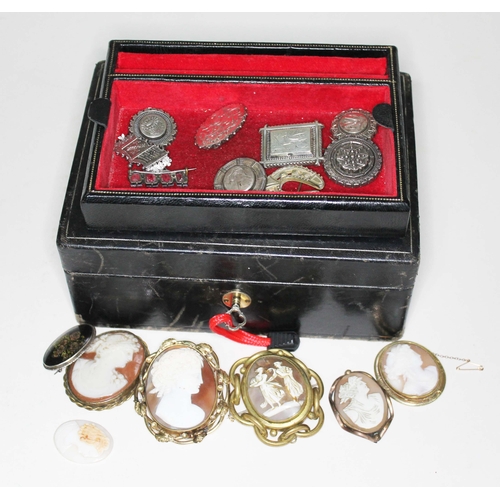 349 - A jewellery box with key containing a quantity of Victorian and later jewellery including yellow met... 