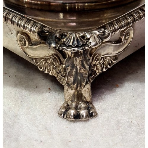 154 - A 19th century silver plated samovar with lid, sitting on square decorative base, on paw feet.