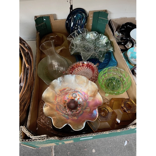 696 - A box of glassware including plain, coloured, and carnival glass