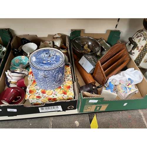 697 - A box of pottery including Royal Stafford cup and saucer sets, Old Foley storage jar, Maxwell Willia... 