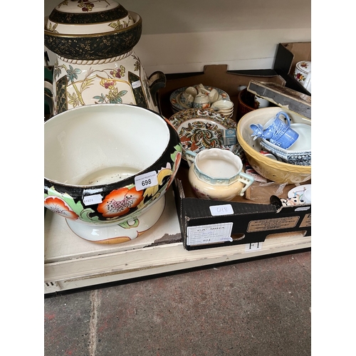 698 - A planter and a large lidded storage jar (AF) together with a box of mixed pottery items