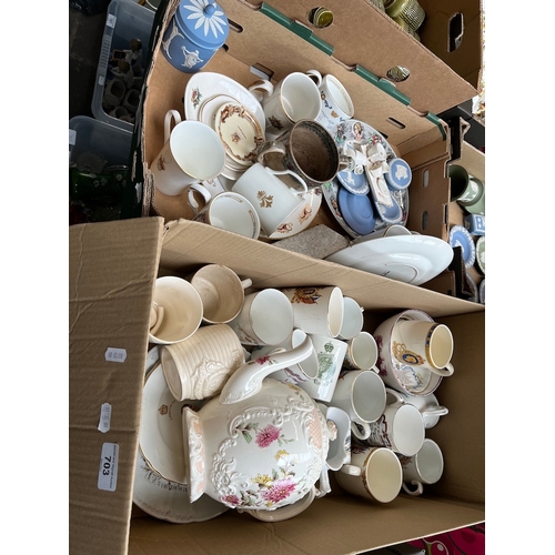 703 - 2 boxes of ceramics and pottery to include Jasperware and Royal memorabilia.