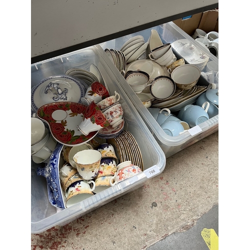 708 - 2 boxed of mixed ceramics including 2 x Aynsley tea services, Wedgwood Summer Sky, etc