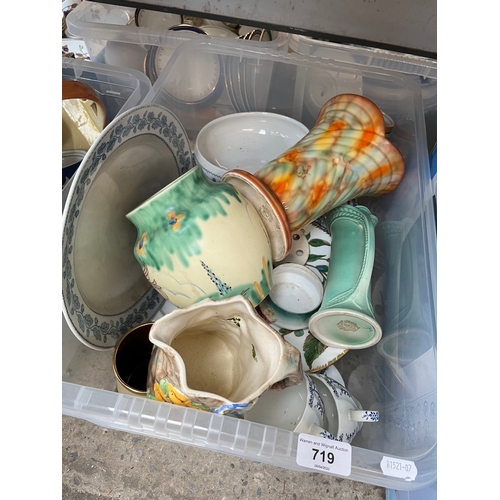 719 - A box of ceramics including Burleigh ware, Falcon ware Grecian, Radford Butterfly ware jug etc