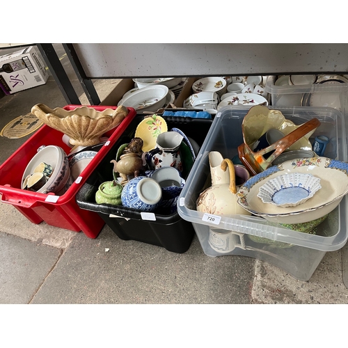 720 - 3 boxes of ceramics including Sandland and Sylvac character jugs, Shelley dish, blue and white wares... 