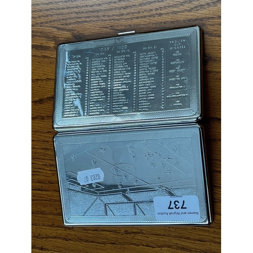 737 - A chrome cigarette case with 1949/50 English football league tables and cup winners on the back, foo... 