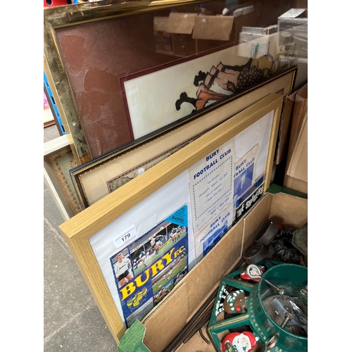 179 - Various Bury FC framed programmes, 2 maps and a picture.