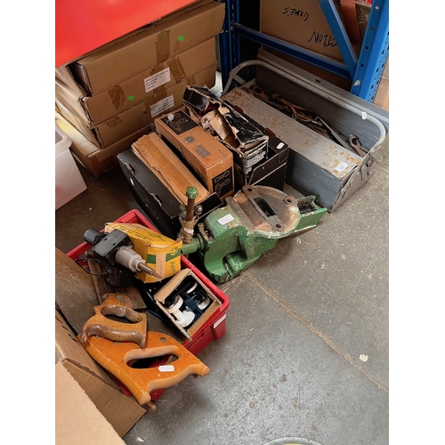 207 - 2 boxes and a toolbox of tools and a Record No5 vice.