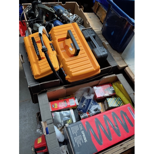 98 - 3 boxes and 2 plastic toolboxes of various tools to include router, drills, sanders, automobile part... 