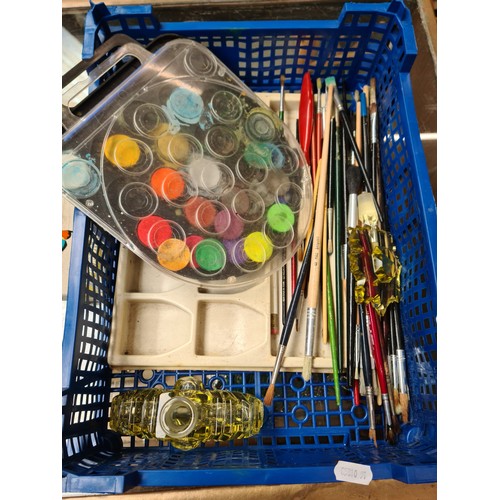 63 - A box of old artist's requisites comprising mainly watercolour paints and brushes etc. together with... 