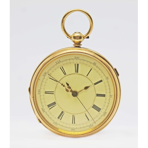 100 - A Victorian 18ct gold open face centre seconds chronograph pocket watch, stop lever at 2 o'clock, en... 