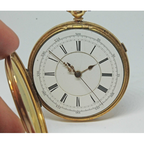 100 - A Victorian 18ct gold open face centre seconds chronograph pocket watch, stop lever at 2 o'clock, en... 