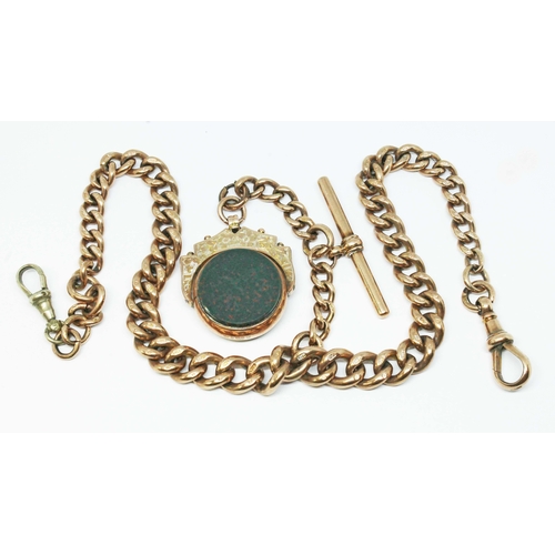 101 - A graduated double Albert watch chain with hallmarked 9ct gold swivel fob set with bloodstone and ca... 