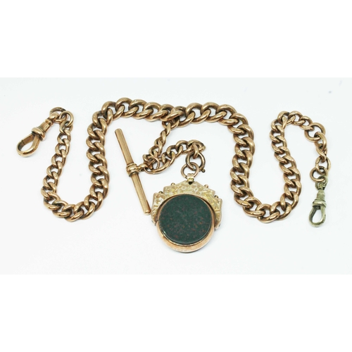 101 - A graduated double Albert watch chain with hallmarked 9ct gold swivel fob set with bloodstone and ca... 