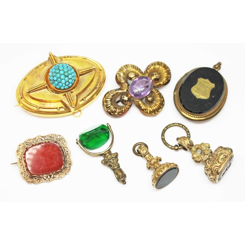 137 - Assorted antique yellow metal jewellery comprising a turquoise set brooch, an amethyst set brooch, a... 