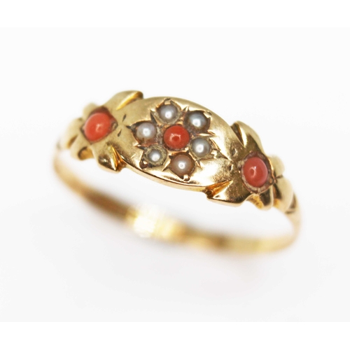 146 - A Victorian seed pearl and coral ring, hallmarked 15ct gold, Chester 1882, gross wt. 1.4g, size R.