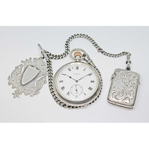 94 - A Waltham open faced silver pocket watch, signed white enamel dial with outer minute track, Roman nu... 