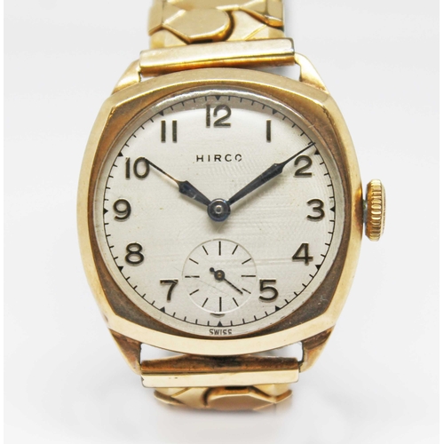 96 - A 1940s 9ct gold cased Hirco wristwatch, champagne dial with outer minute track, Arabic numerals, se... 