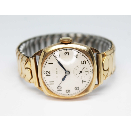 96 - A 1940s 9ct gold cased Hirco wristwatch, champagne dial with outer minute track, Arabic numerals, se... 