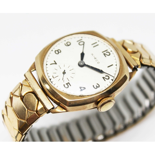 96 - A 1940s 9ct gold cased Hirco wristwatch, champagne dial with outer minute track, Arabic numerals, se... 