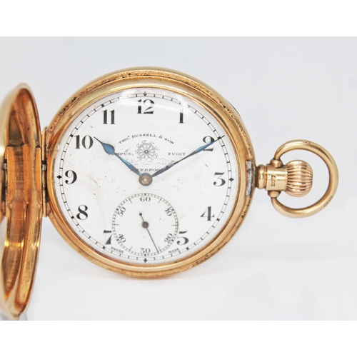 97 - A Thomas Russell & Son 9ct gold full hunter pocket watch, signed white enamel dial with Arabic numer... 