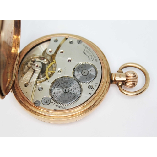 97 - A Thomas Russell & Son 9ct gold full hunter pocket watch, signed white enamel dial with Arabic numer... 