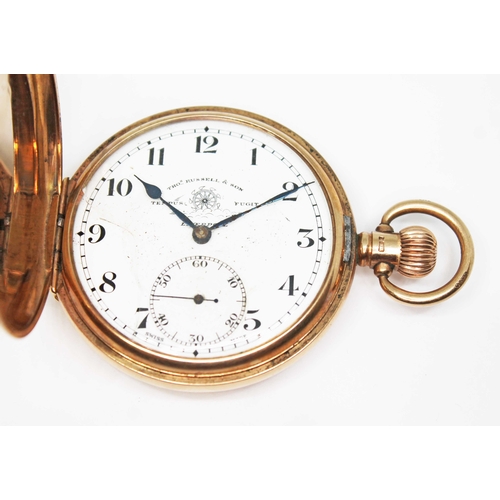 97 - A Thomas Russell & Son 9ct gold full hunter pocket watch, signed white enamel dial with Arabic numer... 