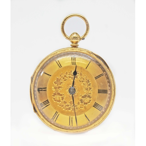 98 - A 19th century 18ct gold open faced pocket watch circa 1870, engraved gold tone dial with Roman nume... 