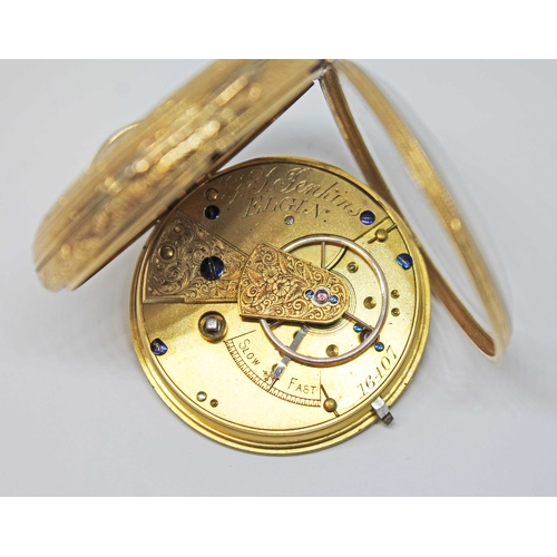 98 - A 19th century 18ct gold open faced pocket watch circa 1870, engraved gold tone dial with Roman nume... 