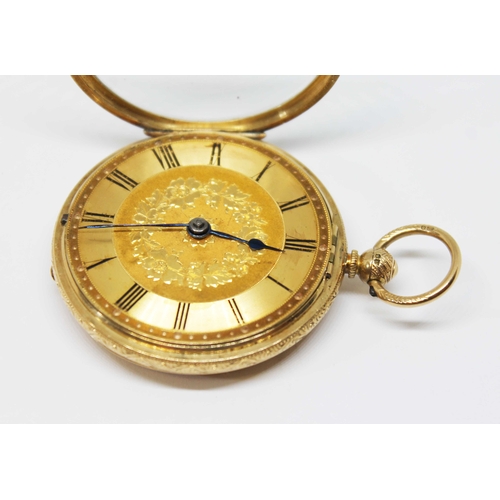 98 - A 19th century 18ct gold open faced pocket watch circa 1870, engraved gold tone dial with Roman nume... 