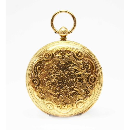 98 - A 19th century 18ct gold open faced pocket watch circa 1870, engraved gold tone dial with Roman nume... 