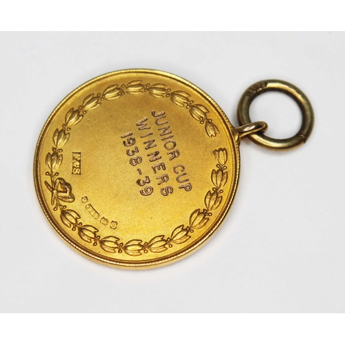 217 - A Liverpool County Football Association Junior Cup winners 1938-39 hallmarked 9ct gold medal, wt. 5.... 