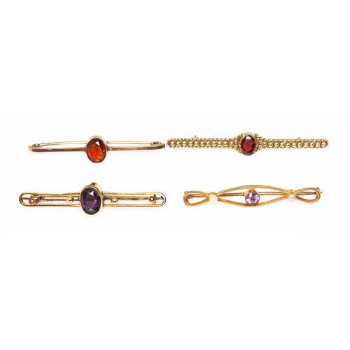 205 - A group of four bar brooches, various stones including amethyst, citrine, garnet etc. various 9ct go... 