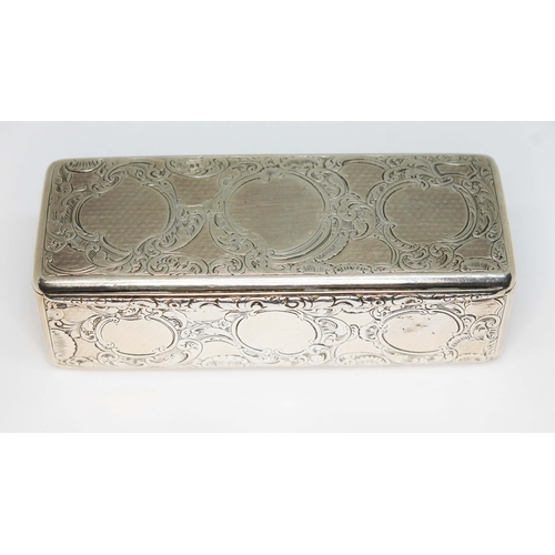 226 - An early Victorian silver snuff box of rectangular form, bright cut engraved with scrolls, the hinge... 