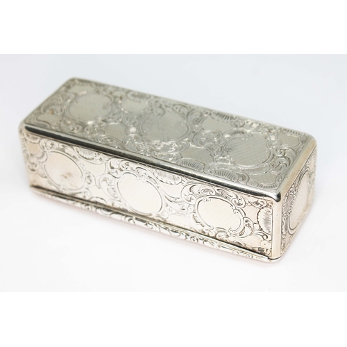 226 - An early Victorian silver snuff box of rectangular form, bright cut engraved with scrolls, the hinge... 