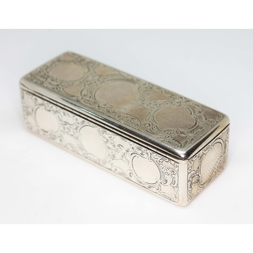 226 - An early Victorian silver snuff box of rectangular form, bright cut engraved with scrolls, the hinge... 