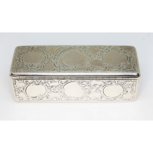 226 - An early Victorian silver snuff box of rectangular form, bright cut engraved with scrolls, the hinge... 